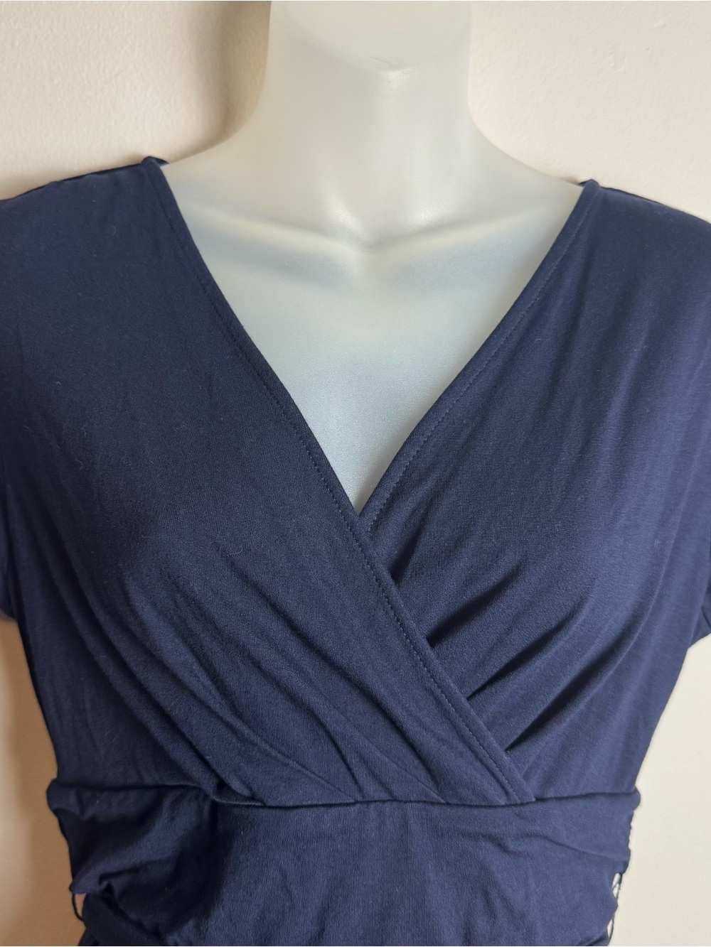 Ann Taylor Navy Faux Wrap Tie Front V Neck Midi Dress Size Small Petite - Picture 7 of 11